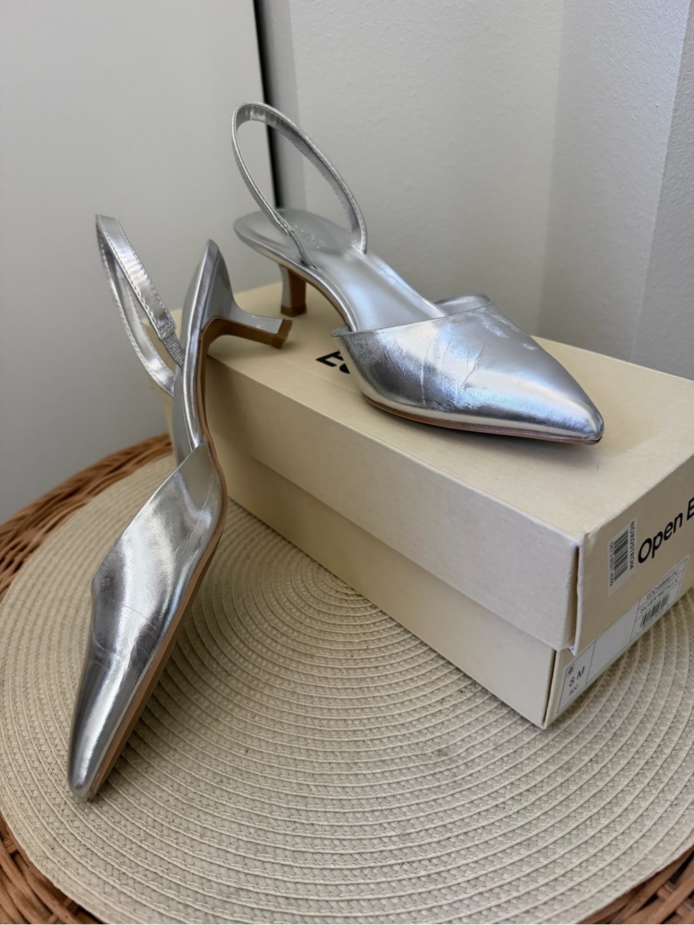 Open Edit Metallic Silver Pointed-Toe Slingback Heels Size 8